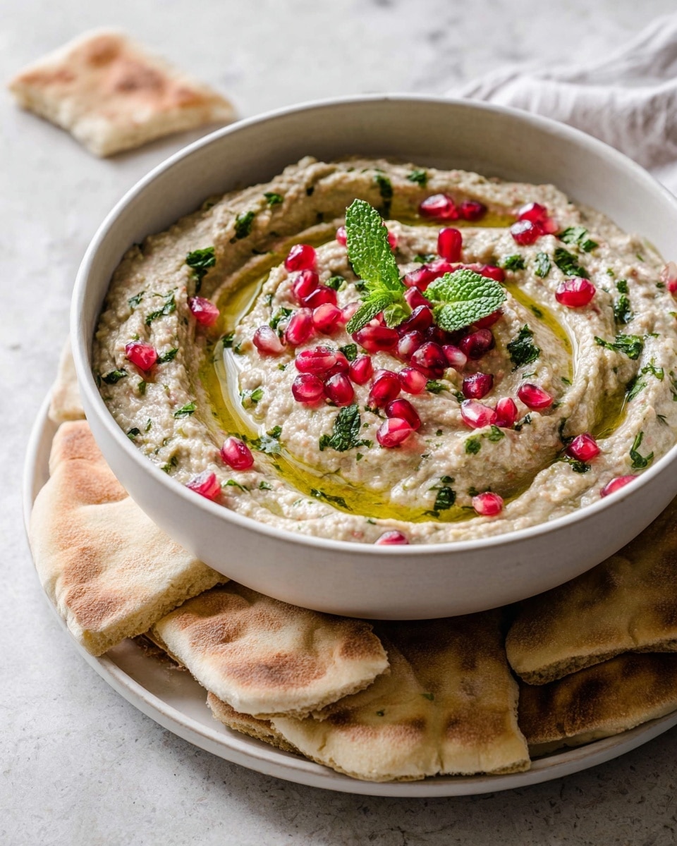 Large white bowl filled with a whole serving of creamy baba ganoush, beautifully swirled and drizzled with golden olive oil, topped generously with fresh chopped mint leaves and vibrant pomegranate seeds, accompanied by an ample stack of warm, fluffy pita bread on the side, all set on a white marble countertop under natural light, captured in a professional 3/4 angle hero shot food magazine style photo taken with an iphone --ar 4:5 --v 7