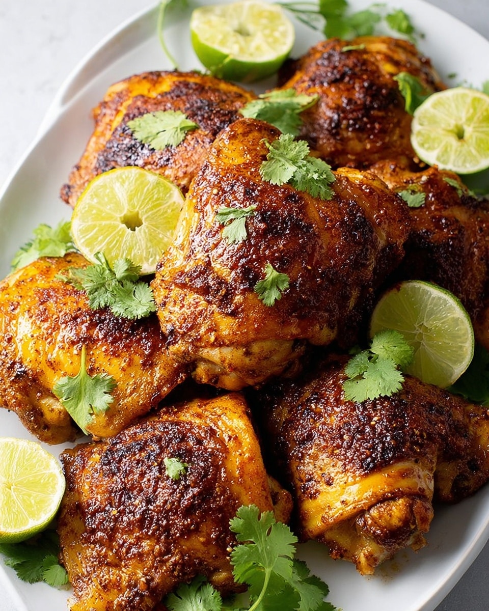 Large white oval serving platter filled with multiple perfectly roasted chicken thighs with crispy, golden-brown skin seasoned with a rich blend of spices, garnished with fresh cilantro sprigs and several wedges of vibrant green lime, whole dish photographed from a 3/4 angle on a white marble countertop with natural lighting, professional food styling photo taken with an iphone --ar 4:5 --v 7