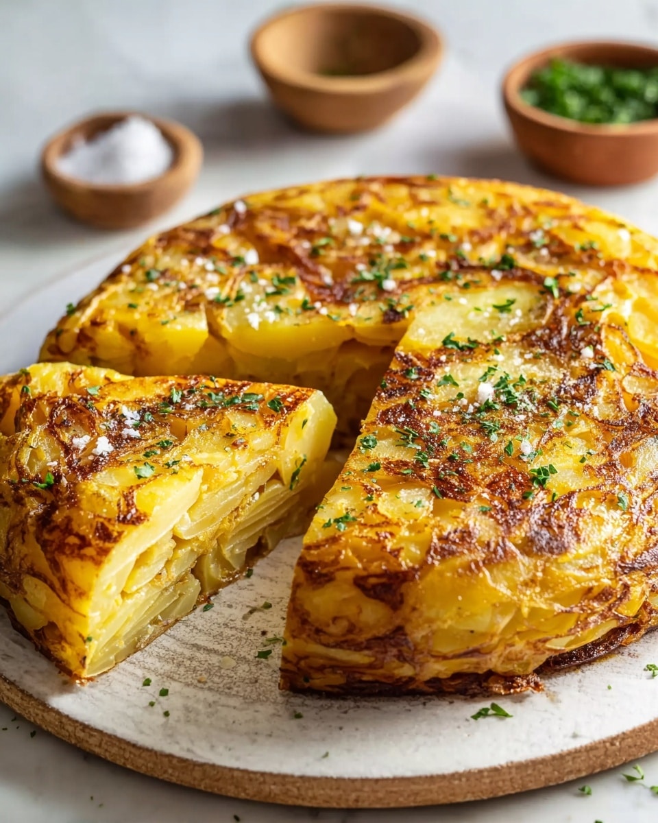 Whole Spanish tortilla (potato omelette) presented uncut on a large white ceramic plate, showcasing a golden, perfectly browned crust with visible layers of tender potatoes and egg throughout, topped with a sprinkle of coarse sea salt and finely chopped fresh parsley, shot from a 3/4 angle on a white marble surface with natural daylight highlighting the rustic texture and warm colors, styled as a professional food magazine hero shot, photo taken with an iphone --ar 4:5 --v 7