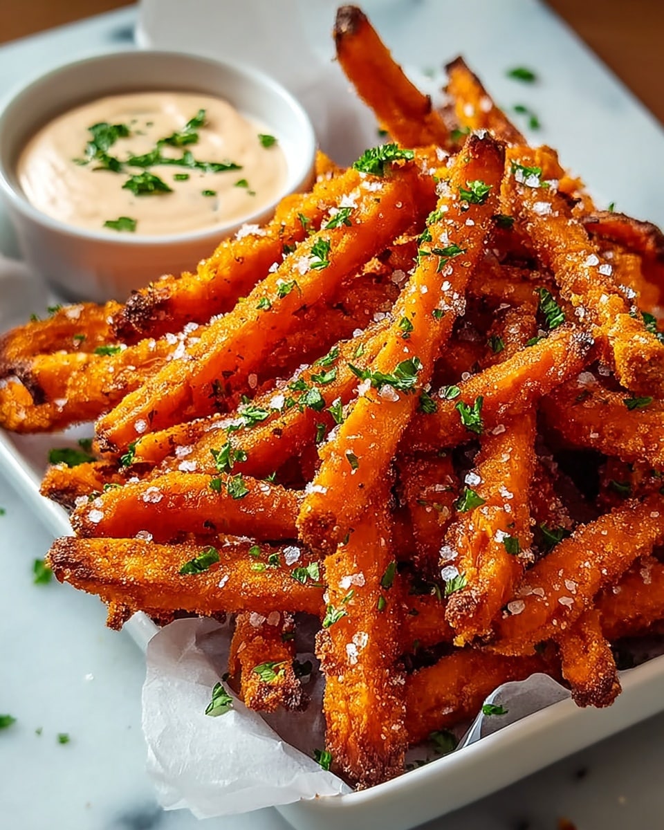 Large white rectangular serving dish heaped with golden, crispy baked sweet potato fries seasoned with coarse salt and fresh chopped parsley, accompanied by a small white bowl of creamy dipping sauce garnished with green herbs, whole dish captured in a vibrant 3/4 angle shot on a white marble countertop with natural lighting, styled as a professional hero food photograph, photo taken with an iphone --ar 4:5 --v 7