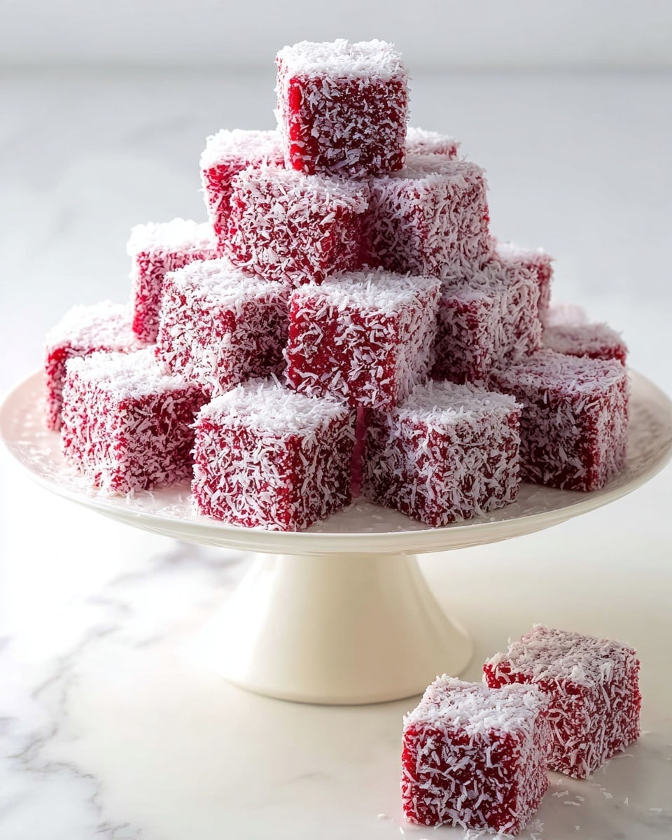 A large white cake stand piled high with an entire batch of vibrant red lamington cubes generously coated in shredded coconut, stacked neatly to show their full texture and color, arranged against a pristine white marble background with soft natural lighting, capturing the inviting and festive presentation of the whole lamington dessert, professional food styling photo taken with an iphone --ar 4:5 --v 7