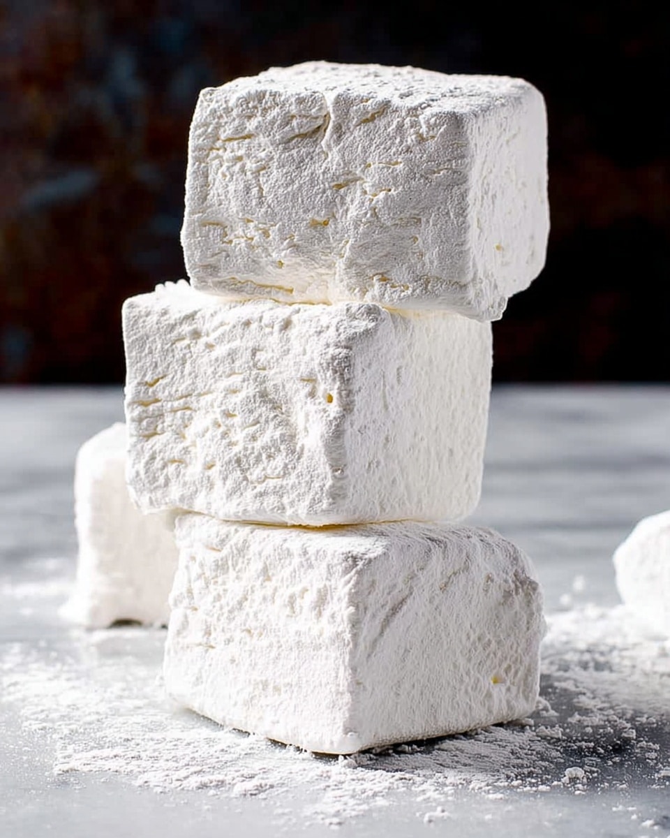 Stack of three large, fluffy homemade marshmallows with a powdery sugar coating, arranged neatly on a white marble surface with scattered powdered sugar around, whole presentation shown in a close-up hero shot capturing the soft, pillowy texture, natural lighting highlighting the pristine white color and slightly imperfect edges, photographed from a 3/4 angle on a white marble countertop, professional food magazine style photo taken with an iphone --ar 4:5 --v 7