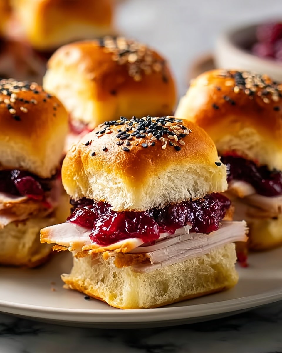 A white plate filled with a full batch of freshly baked slider sandwiches featuring soft golden buns topped with black sesame seeds, each generously layered with thick slices of roasted turkey and vibrant, glossy cranberry sauce, arranged neatly together to showcase the whole collection of sliders, photographed from a 3/4 angle on a white marble surface with natural lighting, styled like a hero shot from a food magazine, photo taken with an iphone --ar 4:5 --v 7