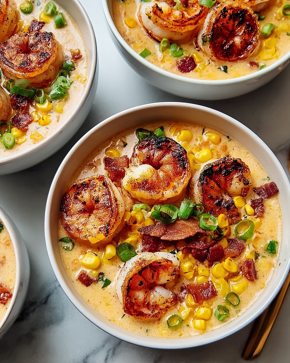 Large white bowls filled with creamy corn chowder topped with multiple perfectly seared shrimp, scattered crisp bacon pieces, vibrant yellow corn kernels, and freshly chopped green onions, arranged together on a white marble countertop, shot with natural lighting from a 3/4 angle capturing the entire dish, styled as a professional food magazine hero shot, photo taken with an iphone --ar 4:5 --v 7