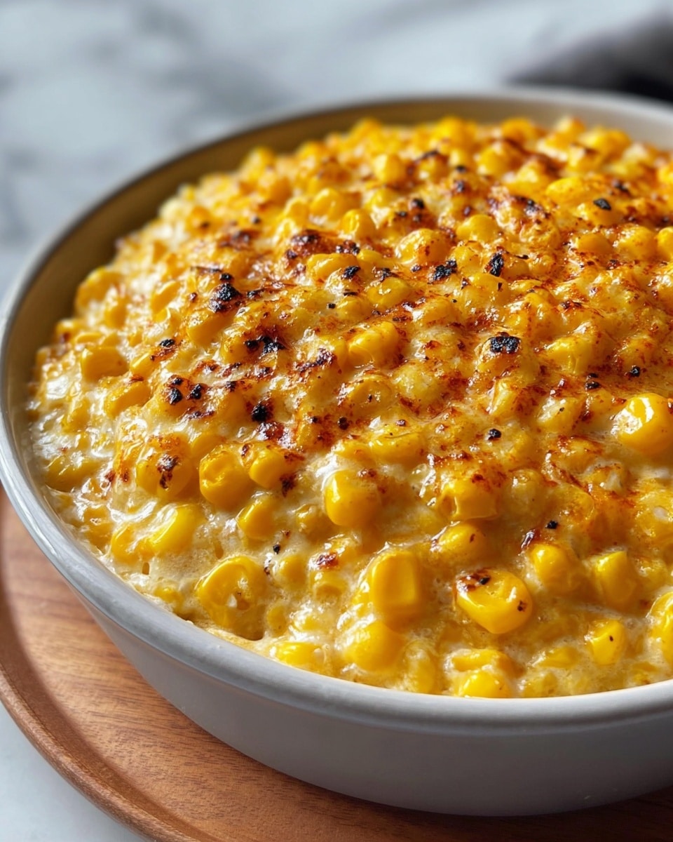 Large white ceramic bowl filled with creamy, cheesy corn casserole topped with a golden, lightly charred crust of melted cheese and spices, showcasing vibrant yellow corn kernels coated in a rich, smooth sauce, whole dish captured in a professional 3/4 angle shot on a white marble countertop with natural lighting, styled like a hero shot from a food magazine, photo taken with an iphone --ar 4:5 --v 7