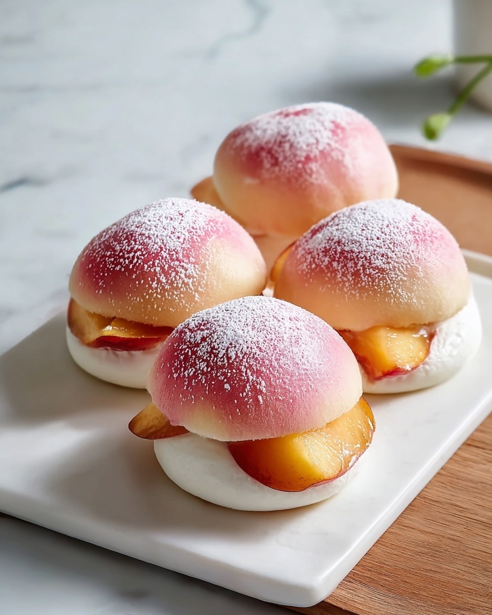 A white rectangular platter elegantly arranged with four whole fluffy peach-shaped buns, each with a soft gradient of pink to white dusted with powdered sugar, sitting atop golden peach slices and a pillowy white base, showcasing their delicate texture and vibrant colors, set on pristine white marble with natural lighting, capturing the entire ensemble from a professional 3/4 angle, styled for a high-end food magazine hero shot, photo taken with an iphone --ar 4:5 --v 7