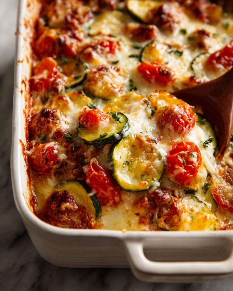 Large white rectangular baking dish filled to the brim with a golden-bubbly cheesy casserole layered with juicy chunks of tomatoes, tender sliced zucchini, melted mozzarella, and rich tomato sauce, topped with fresh herbs and perfectly baked to a slightly browned, enticing crust, whole dish photographed at a 3/4 angle on a white marble surface with natural lighting, styled like a hero shot from a food magazine, photo taken with an iphone --ar 4:5 --v 7