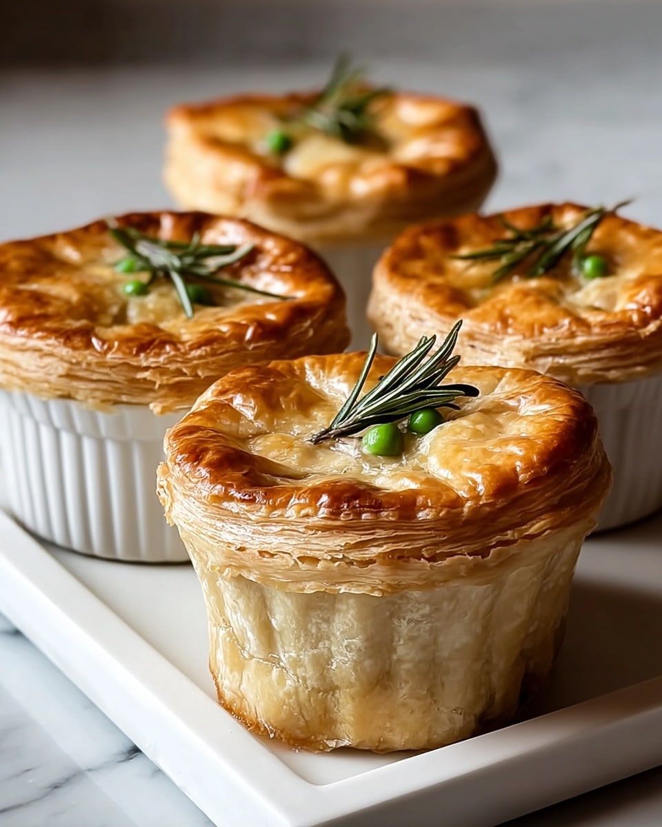 Four whole individual golden-brown chicken pot pies in white ramekins, each topped with a perfectly baked puff pastry crust garnished with sprigs of fresh rosemary and a few green peas nestled into the pastry, arranged together on a white rectangular tray, entire dish shown with rich flaky texture and savory filling implied, captured in natural lighting from a 3/4 angle on a white marble countertop, professional food styling photo taken with an iphone --ar 4:5 --v 7
