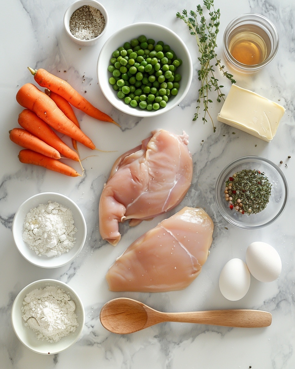 Single white plate with one golden-brown individual chicken pot pie, top crust partially open to reveal tender chicken chunks, bright green peas, and small diced carrots in a rich, creamy filling, flaky layers of pastry visible on the crust edges, garnished with a small sprig of fresh thyme, intimate close-up angled shot showcasing texture and warmth, placed on white marble surface, natural lighting, styled food blog presentation photo taken with an iphone --ar 4:5 --v 7