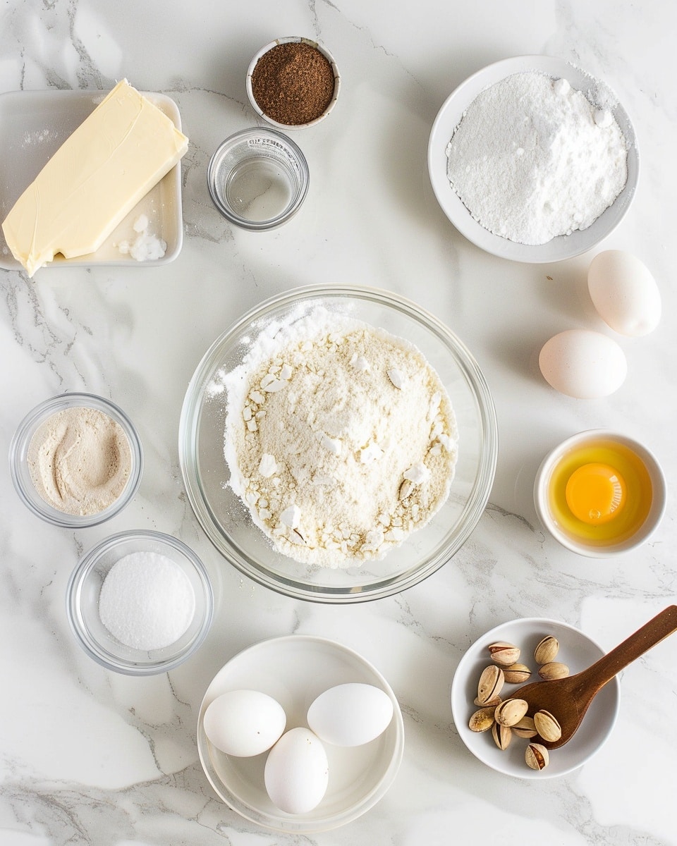 Single white plate featuring one pistachio semolina cake topped with chopped pistachios and a light dusting of powdered sugar, the close-up angle reveals the tender, moist interior studded with vibrant green pistachio pieces, warm golden edges contrasting the soft, crumbly texture inside, natural lighting highlighting the rich pistachio colors and delicate crumb, placed on white marble surface, intimate plated serving photo taken with an iphone --ar 4:5 --v 7