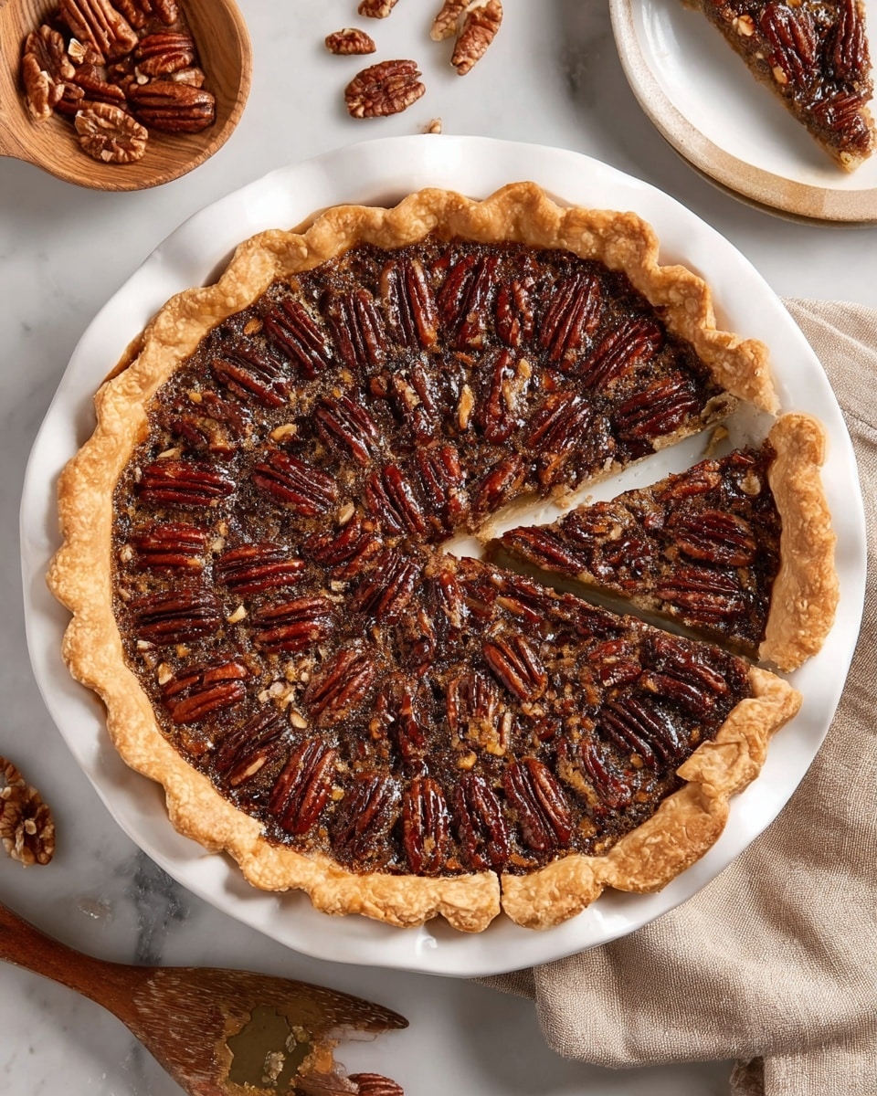 Whole pecan pie presented in a white pie dish, featuring a golden flaky crust filled with a rich, glossy pecan custard topped with an even, decorative ring of whole toasted pecans, with a rustic wooden table setting and natural lighting emphasizing the glossy caramelized nuts, shot at a professional 3/4 angle on a white marble background, styled as a hero food magazine shot, photo taken with an iphone --ar 4:5 --v 7