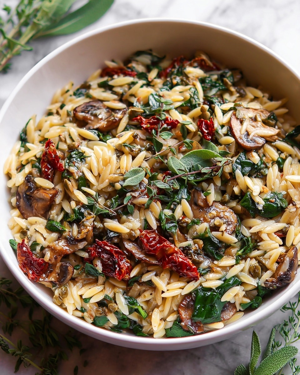 Large white Staub cast iron pan filled with a vibrant orzo pasta dish featuring sun-dried tomatoes, capers, tender wilted spinach, slices of artichoke hearts, and scattered herbs, all perfectly mixed and glistening with olive oil, presented from a 3/4 angle on a white marble countertop under natural lighting, styled as a hero shot for a food magazine, photo taken with an iphone --ar 4:5 --v 7