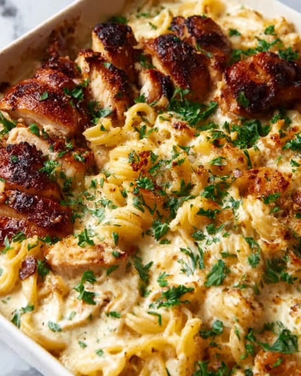 A large white rectangular baking dish filled with a creamy baked pasta casserole topped with a generous layer of melted golden-brown cheese, scattered with finely chopped fresh parsley. Alongside the pasta, several whole golden-brown roasted chicken pieces arranged neatly, showcasing their crisp, caramelized skin. The entire dish is presented from a 3/4 angle on a white marble surface with natural lighting, capturing the rich texture and inviting colors, styled like a hero shot from a food magazine. Photo taken with an iphone --ar 4:5 --v 7