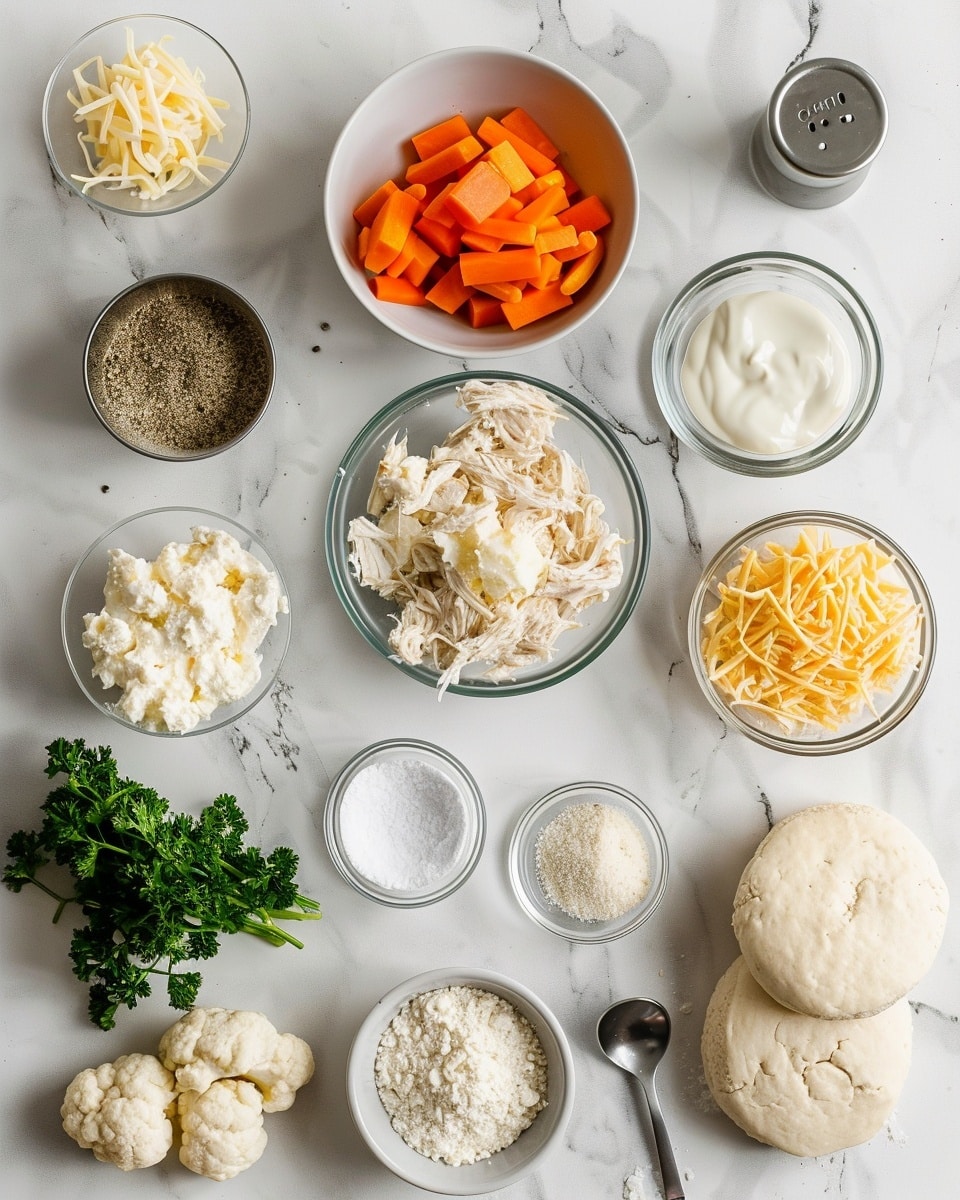 Single white plate featuring one individual chicken pot pie cup with golden, flaky crust folded over a creamy filling of shredded chicken, bright green peas, and diced carrots, close-up angled view revealing the textured interior and steam rising softly, garnished with finely chopped parsley, set on white marble surface with natural lighting, styled as a ready-to-eat portion from a food blog, photo taken with an iphone --ar 4:5 --v 7