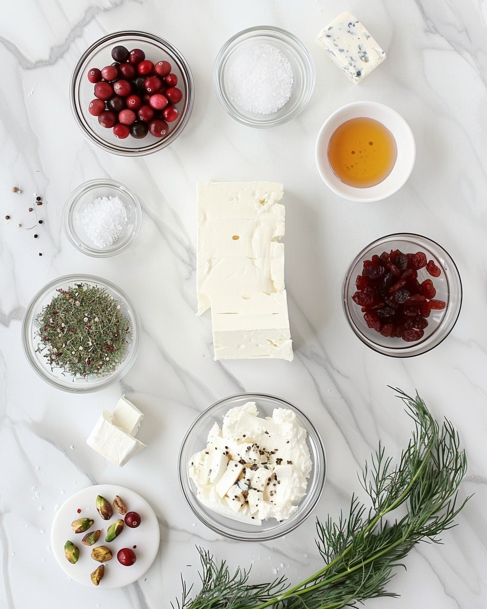 Single white plate featuring one thick slice of creamy cheese log embedded with vibrant green pistachios and deep red dried cranberries, close-up angled shot revealing a dense, rich interior texture with scattered nut and fruit pieces, garnished with a few extra pistachio halves and cranberries around the slice, placed on a white marble surface with natural lighting, styled like a food blog presentation, intimate plated serving photo taken with an iphone --ar 4:5 --v 7