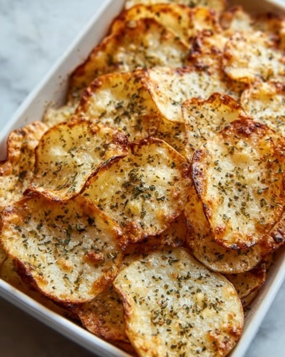 A large white rectangular baking dish filled with a whole batch of golden, crispy baked potato chips, evenly coated with melted cheese and sprinkled generously with dried herbs and seasoning, the edges perfectly browned and textured, photographed from a 3/4 angle on a white marble countertop with natural lighting, styled as a vibrant food magazine hero shot, photo taken with an iphone --ar 4:5 --v 7