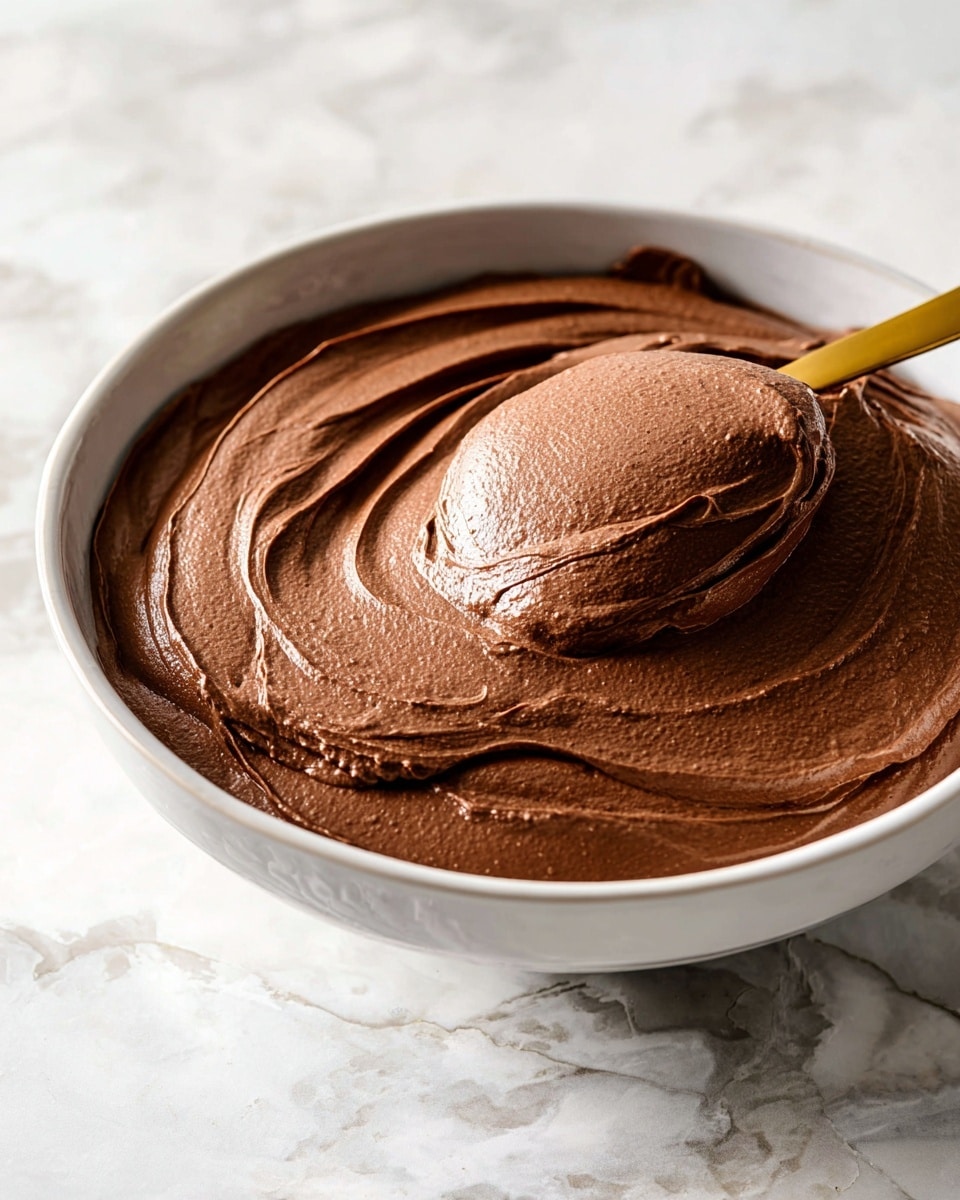 Large white bowl filled with rich, creamy chocolate mousse, its smooth and airy texture perfectly set without any portions removed, displayed on a white marble countertop under natural lighting, professional food styling, hero shot from a 3/4 angle showing the entire dish in frame, photo taken with an iphone --ar 4:5 --v 7