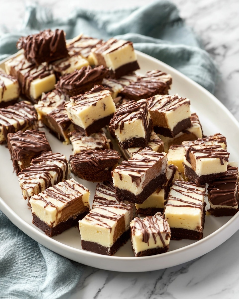 Large white platter filled with an array of whole rectangular cheesecake bars with a chocolate crust, some fully coated in milk chocolate and others drizzled with dark chocolate, arranged neatly in rows showcasing the creamy texture and rich chocolate contrast, photograph taken at a 3/4 angle on a white marble surface with natural light, styled as a hero shot from a food magazine, photo taken with an iphone --ar 4:5 --v 7