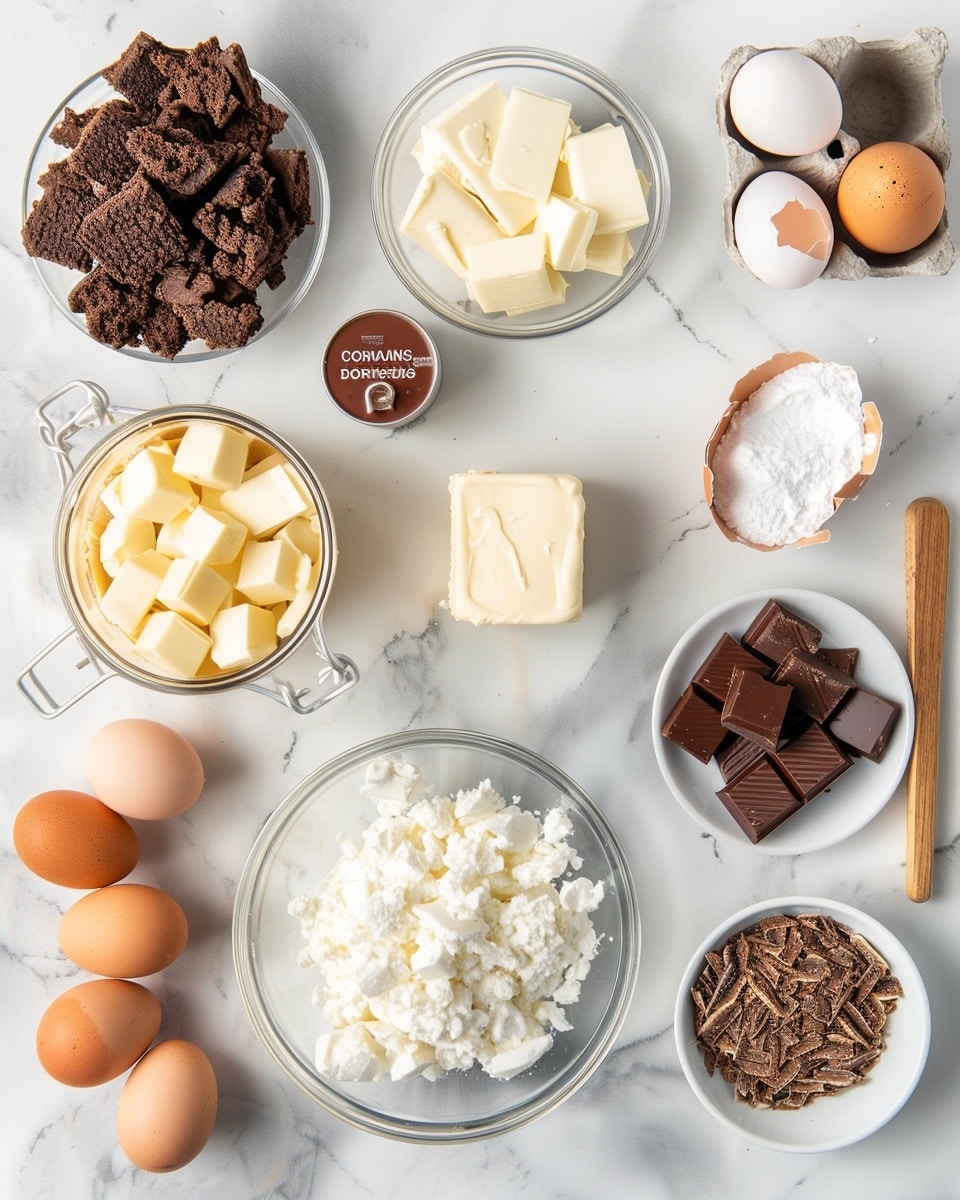 Single white plate holding one rectangular cheesecake bar with a rich chocolate base layer and a creamy pale yellow cheesecake layer on top, elegantly drizzled with thin lines of dark chocolate, close-up angled shot revealing the smooth interior texture and distinct layered cross-section, placed on a white marble surface with natural daylight highlighting the glossy chocolate drizzle, styled as a ready-to-eat dessert portion from a food blog, photo taken with an iphone --ar 4:5 --v 7