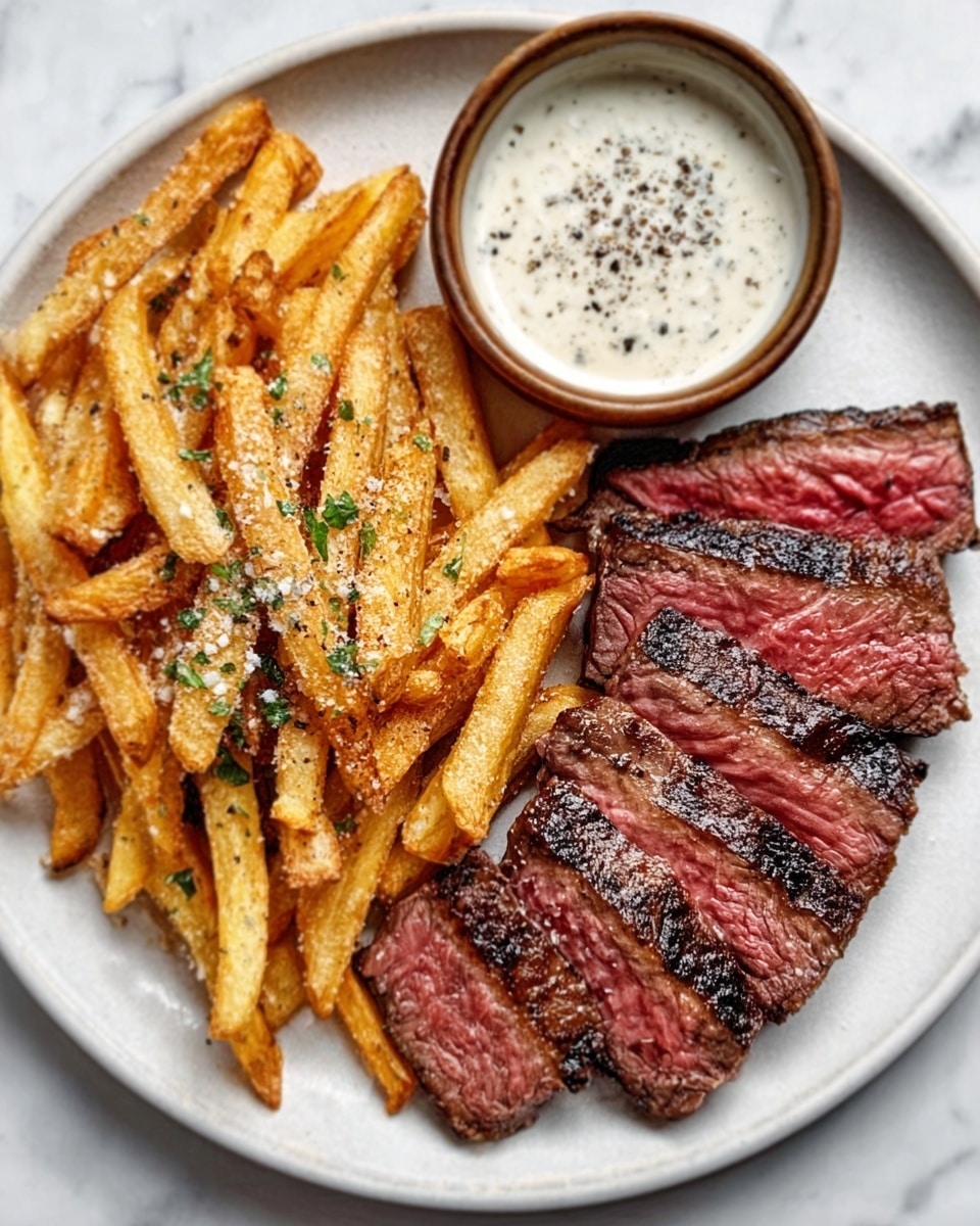 A white plate on a white marbled surface holds a meal with three parts: on the left, there are golden, crispy fries sprinkled with coarse salt and black pepper; on the right, slices of medium-rare steak show a dark brown grilled crust with pink inside, arranged in a slightly overlapping row; at the top right corner of the plate, a small round bowl contains a creamy white sauce with black pepper on top. photo taken with an iphone --ar 4:5 --v 7
