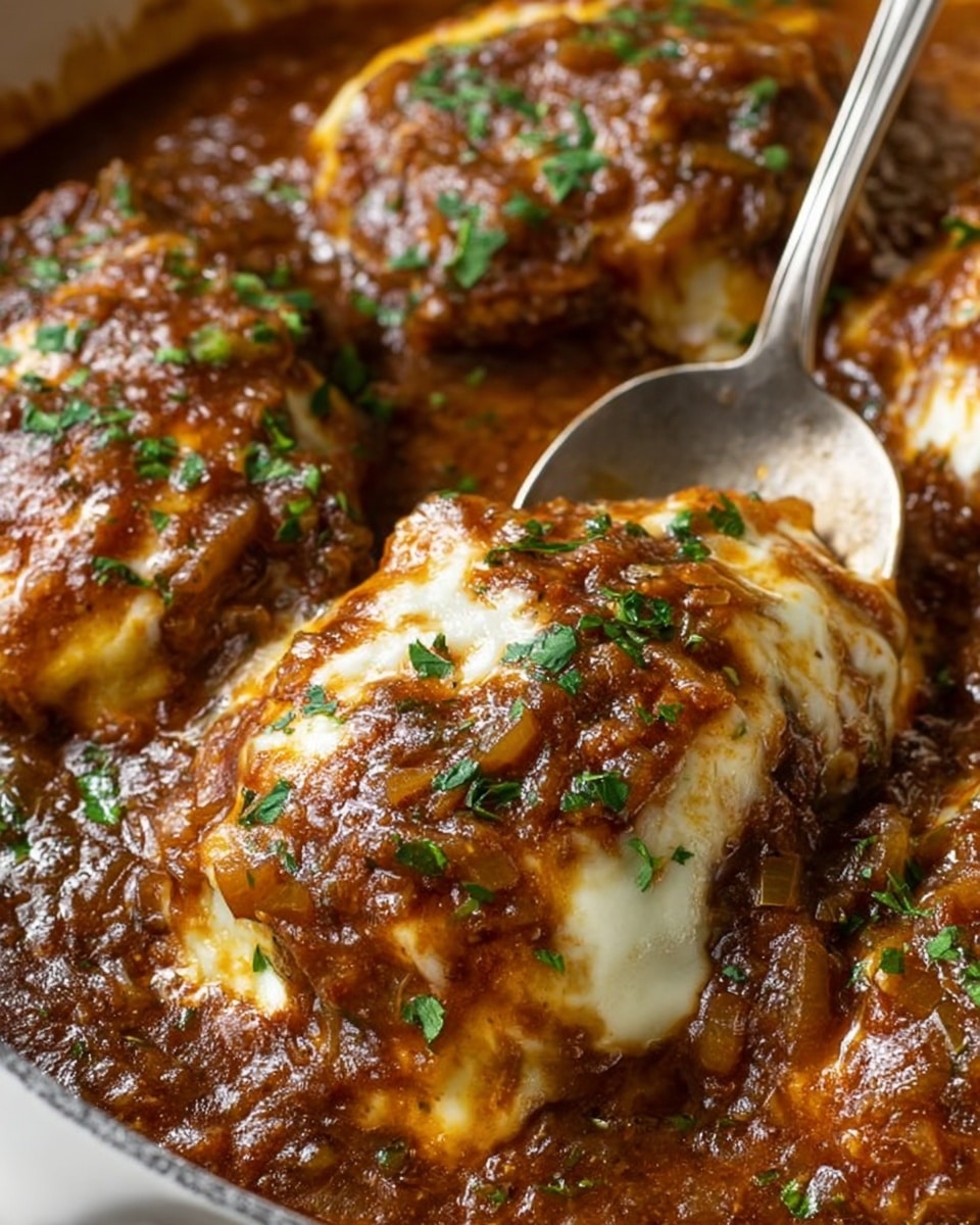 The image shows several pieces of cooked meat covered with a thick, brown sauce mixed with onion bits and finely chopped green herbs on top. The meat is layered with melted white cheese that blends into the sauce. A silver spoon is visible in the upper right corner, partially beneath one piece of meat, all placed in a deep dish with the white marbled texture visible around the edges of the sauce. The sauce appears glossy and rich in texture, giving a moist and hearty look to the dish. Photo taken with an iphone --ar 4:5 --v 7