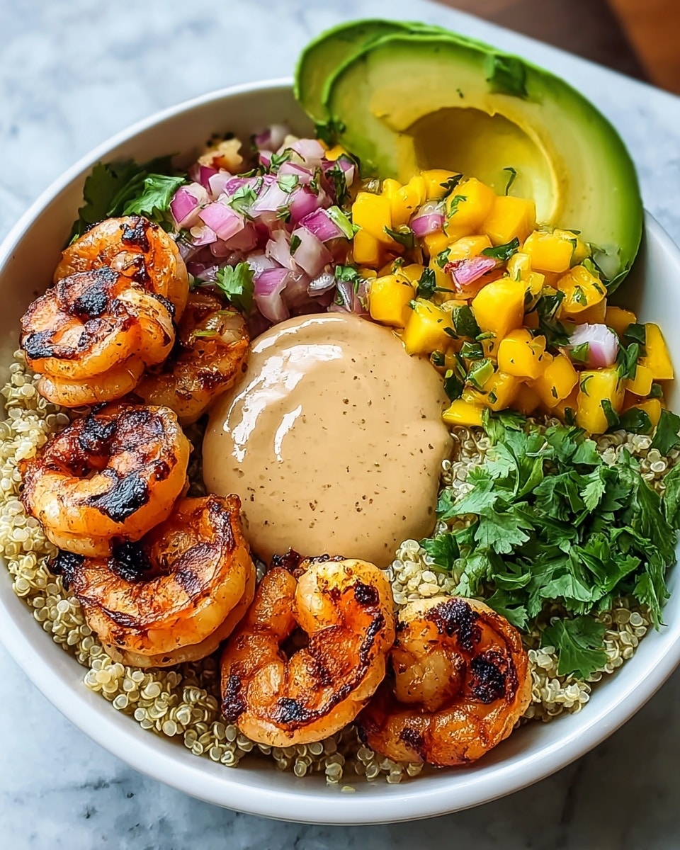 A white bowl filled with four main layers starts with a base of cooked quinoa, small round grains with a light beige color and slightly translucent texture. On one side, there is a dollop of smooth, creamy light brown sauce with tiny black specks. Next to it, a colorful mango salsa layer shows bright yellow mango cubes mixed with small pieces of red onion and green herbs. On another side, there is fresh finely chopped green cilantro. Above the quinoa and sauce sit about eight grilled shrimp with char marks, reddish-orange color, and a slight shine. Finally, a half avocado with bright green flesh and smooth texture rests at the top edge of the bowl. The whole dish is on a white marbled surface. Photo taken with an iphone --ar 4:5 --v 7