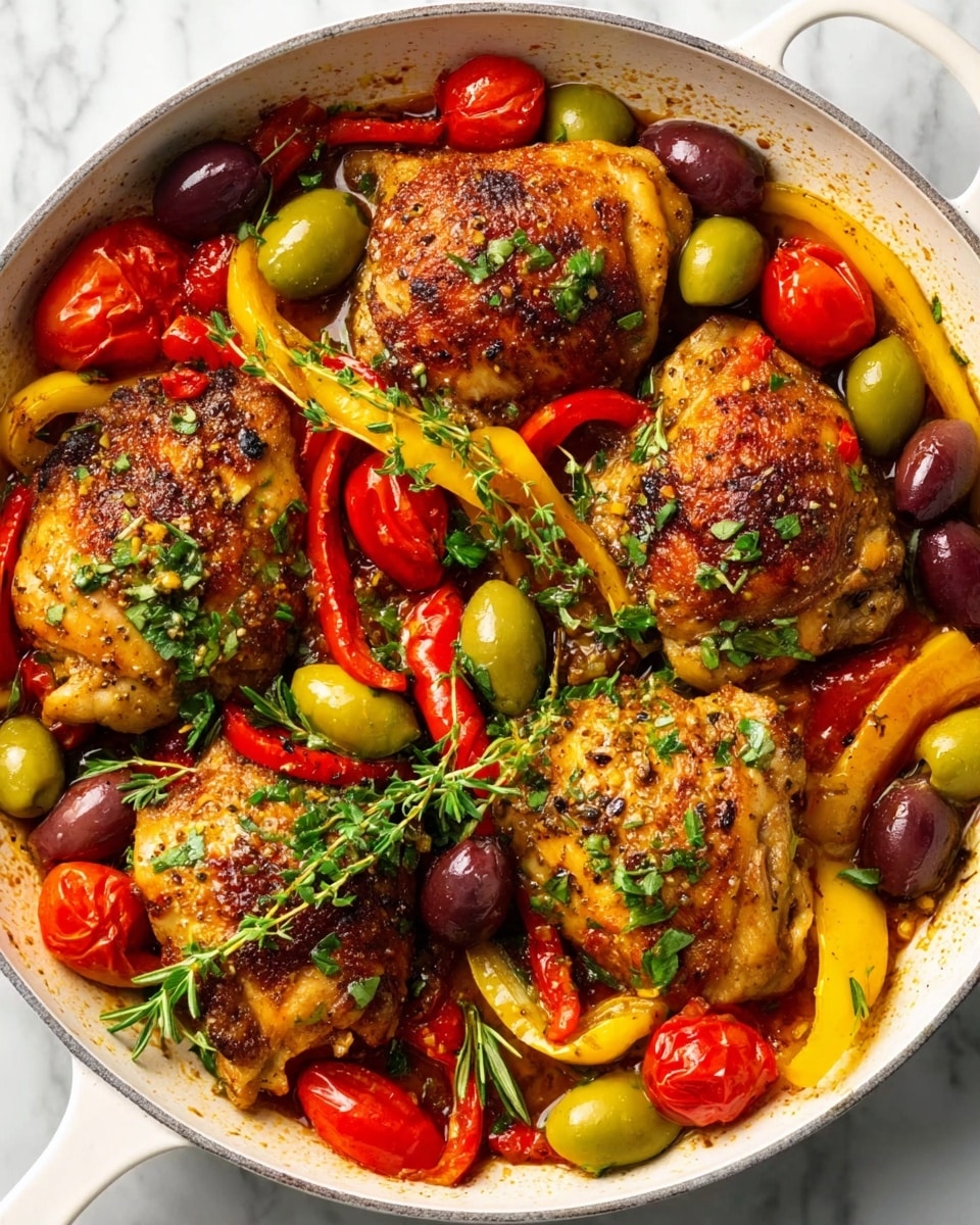 A white pan filled with four browned pieces of chicken surrounded by small, bright red cherry tomatoes, yellow sliced bell peppers, and purple and green olives. Fresh green herbs are sprinkled on top for a pop of color. The chicken has a crispy texture with seared brown spots, and the vegetables show a soft, cooked look. The pan rests on a white marbled surface. photo taken with an iphone --ar 4:5 --v 7