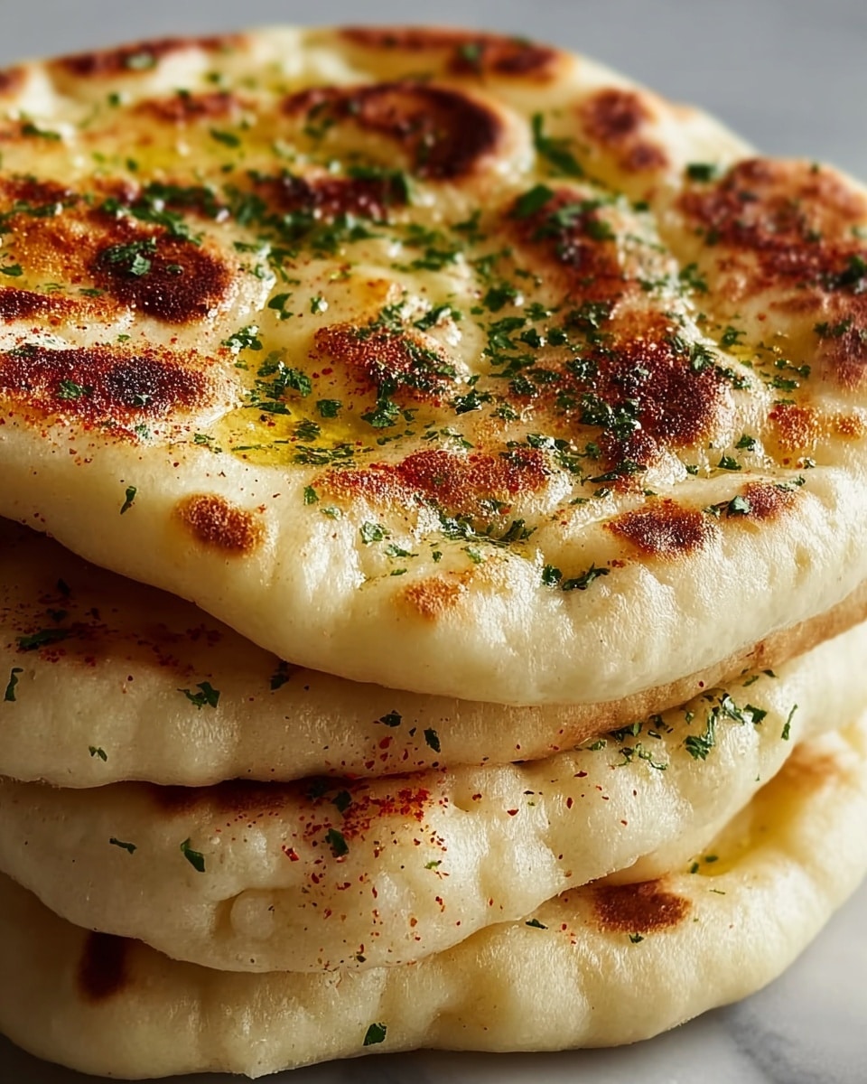 A stack of four round flatbreads sits on a wooden board, each having a light golden-brown color with darker brown spots scattered across the surface. The top flatbread shows a shiny layer of melted butter glistening with small patches of green herbs sprinkled evenly on it. The texture looks soft with slight puffiness and some airy bubbles. The background is a white marbled texture. photo taken with an iphone --ar 4:5 --v 7