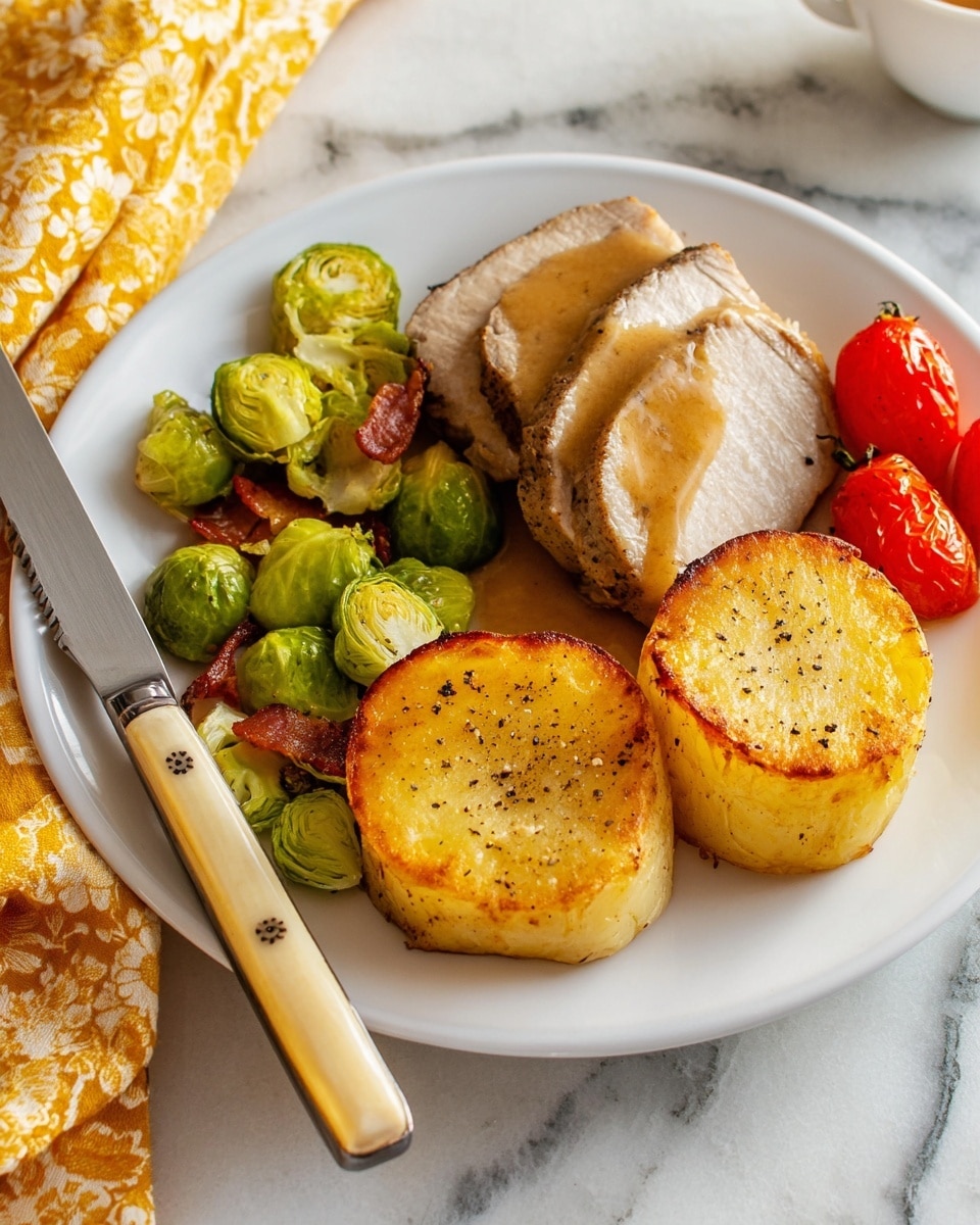 A white plate holds a meal with four main parts: at the back, two sliced meat pieces with brown gravy on top, light brown and moist, with three small red grape tomatoes near them; in the front right, two thick, round, golden-brown potato pieces with a crispy texture and specks of black pepper; on the left side, a pile of green Brussels sprouts with some small pieces of red bacon mixed in, showing a slightly shiny, cooked texture. The plate rests on a white marbled surface, next to a knife with a light beige wooden handle and a silver blade, and a yellow patterned cloth is slightly visible on the left side. photo taken with an iphone --ar 4:5 --v 7
