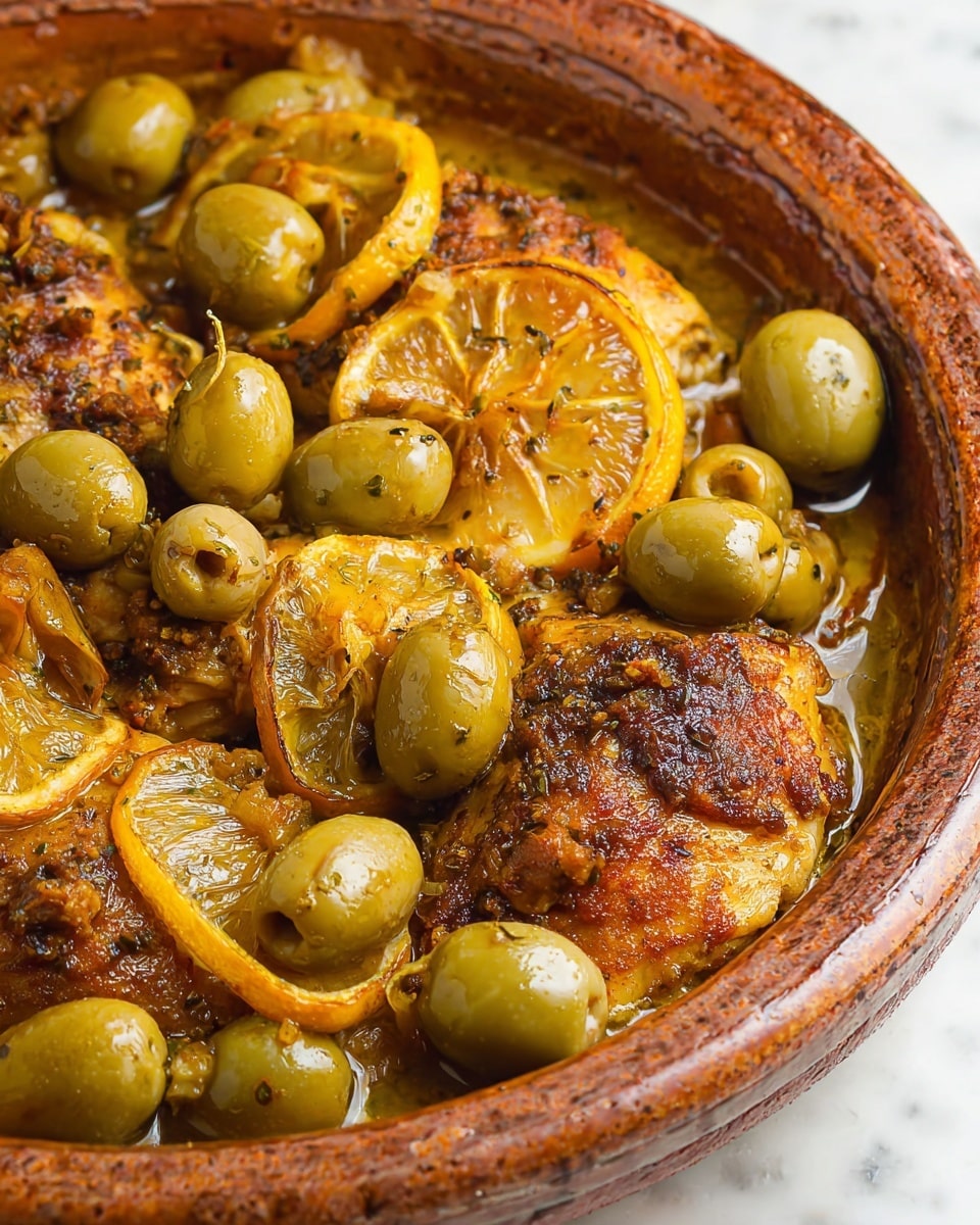 A close-up view of a dish in a white ceramic tagine showing four golden brown pieces of well-spiced cooked chicken as the bottom layer. Scattered on top and around the chicken are many green olives with varied textures, some smooth and some wrinkled. Thin slices of cooked lemon with a shiny, slightly translucent yellow-orange color are layered on the chicken and olives. The dish looks moist with a thin layer of oil or sauce that glistens on the ingredients. The edges of the tagine show a rustic, textured surface, and the whole scene is set on a white marbled surface. photo taken with an iphone --ar 4:5 --v 7