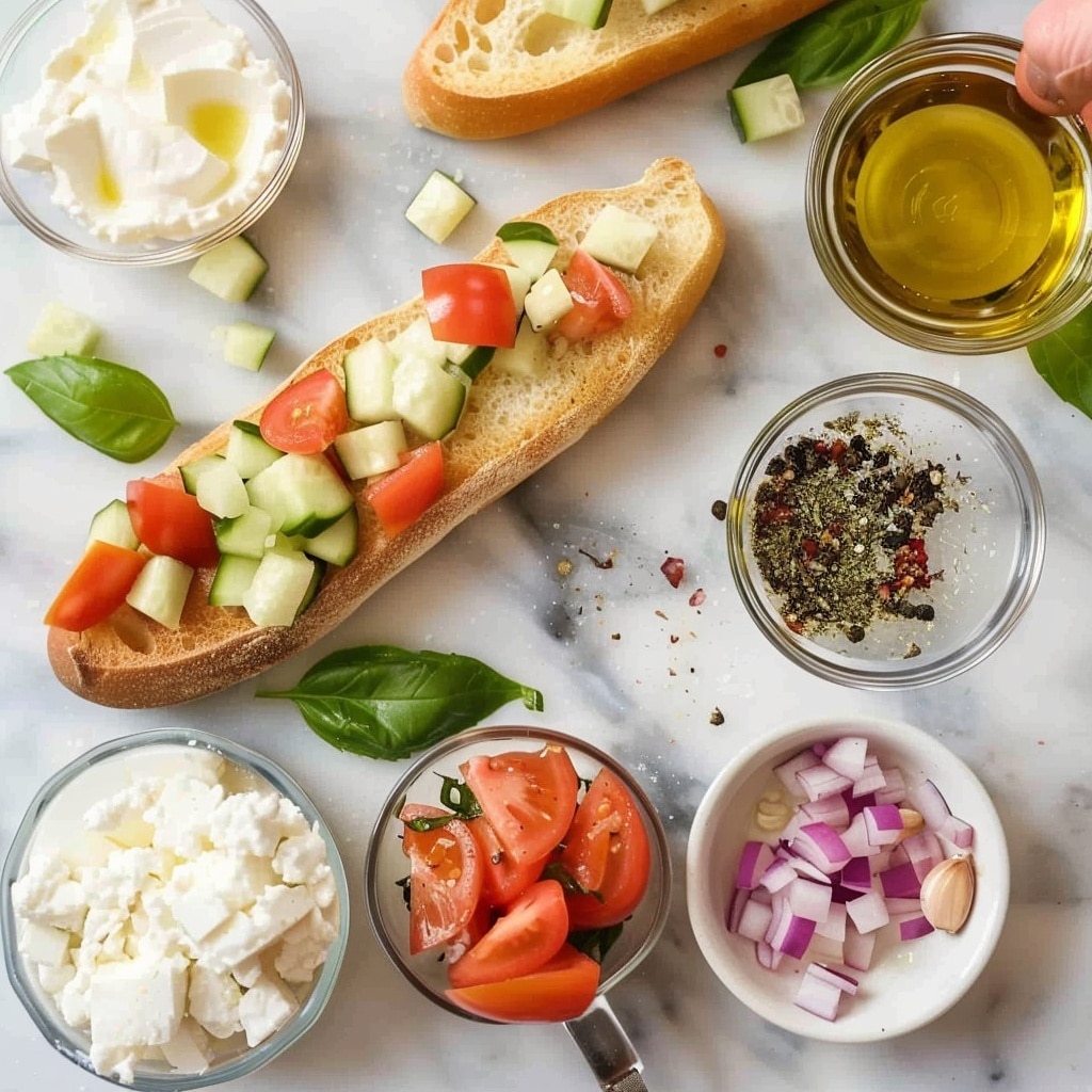 Three pieces of food are placed on a dark board with a white marbled surface underneath. Each piece starts with a round, golden-brown base that looks crispy and toasted. On top of the base is a white creamy layer, smooth in texture. The top layer is a mix of small, diced red tomatoes and green cucumber pieces, scattered unevenly but full and fresh. The background is simple, focusing on the food itself with soft natural light. photo taken with an iphone --v 7
