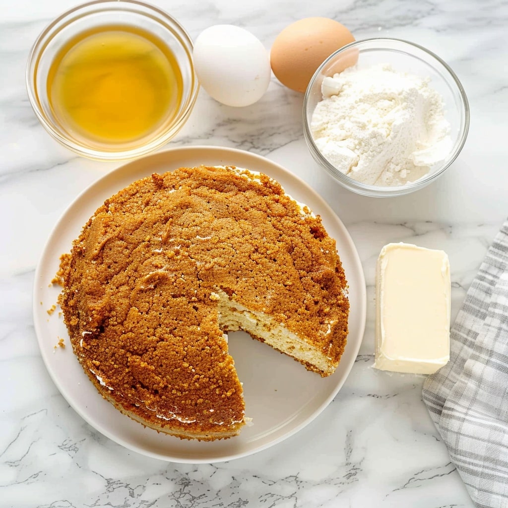 A piece of layered cake with a golden crumb topping is placed on a white plate over a white marbled surface. The cake has several thin layers of light cream filling alternating with soft, light brown cake layers. In the foreground, a small bite of the same cake with visible layers is held on a silver fork. The texture appears fluffy and moist, with the crumb topping adding a slightly rough contrast to the smooth layers of cream. The focus is sharp on the bite on the fork, while the whole slice of cake is softly blurred in the background. Photo taken with an iphone --v 7