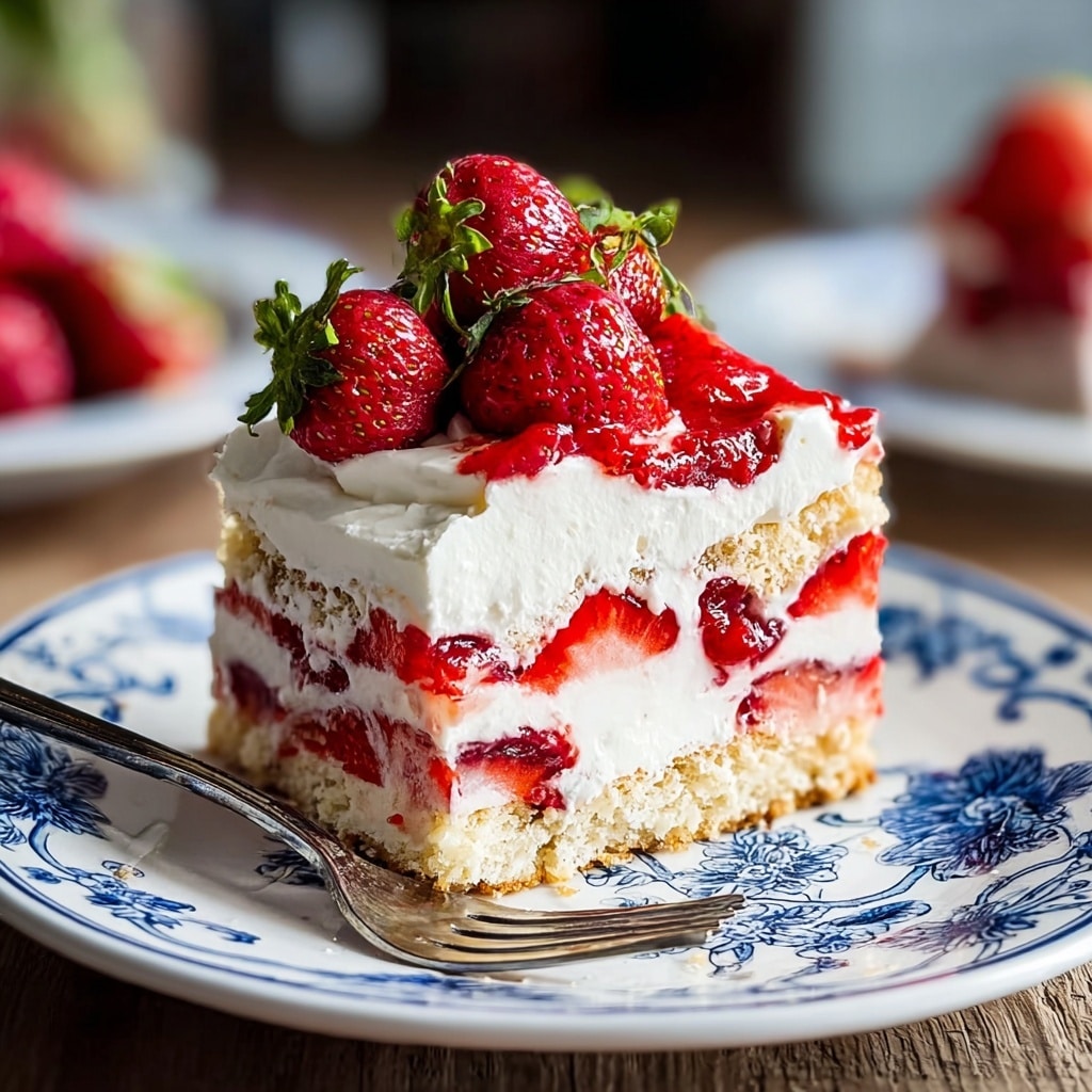 A square slice of strawberry shortcake sits centered on a white plate with intricate blue floral patterns. The dessert has four visible layers: the bottom is a crumbly pale golden crust, above it are alternating thick creamy white layers and bright red strawberry slices and sauce, creating a fresh, juicy look. The top layer is a thick, smooth white cream crowned with whole and halved fresh strawberries, some with green leaves. A silver fork rests on the left side of the plate. The plate sits on a wooden surface with a soft blurred background showing another similar plate. photo taken with an iphone --v 7