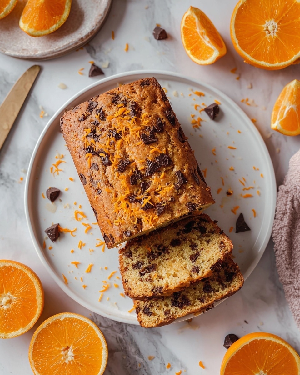 Whole rectangular orange chocolate chip loaf cake on a large white plate, topped with scattered chocolate chunks and bright orange zest, surrounded by fresh halved oranges on a white marble countertop, photographed in natural light from a 3/4 angle, styled like a hero shot from a food magazine, photo taken with an iphone --ar 4:5 --v 7