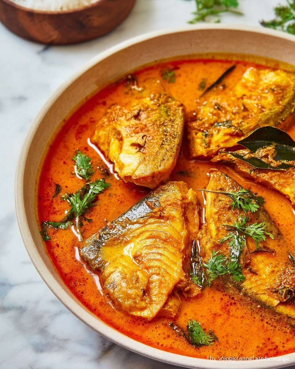 Large white ceramic serving bowl filled with flavorful fish curry, showcasing whole fish steaks simmered in a rich, vibrant orange curry sauce with visible curry leaves and fresh cilantro garnish, whole dish photographed from a professional 3/4 angle on a white marble countertop bathed in natural light, styled as a hero food magazine shot, photo taken with an iphone --ar 4:5 --v 7