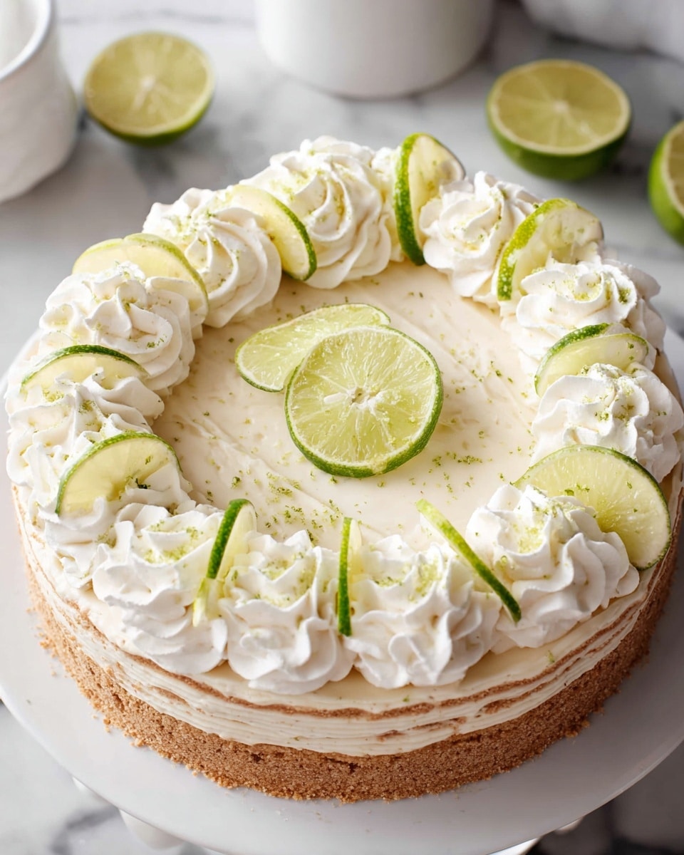 Whole uncut key lime pie in a white serving plate, decorated with evenly spaced swirls of whipped cream topped with fresh lime zest, garnished with thin lime slices arranged beautifully on top and around the edge of the pie, the pie filling smooth and creamy with visible layers of graham cracker crust, placed on a white marble countertop with natural lighting, styled for a professional food magazine hero shot photo taken with an iphone --ar 4:5 --v 7