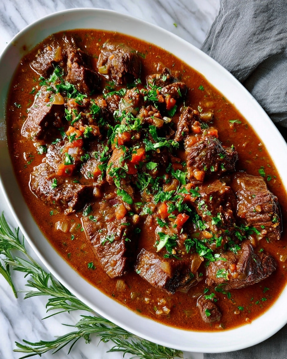 Large white oval serving dish filled with tender, whole braised beef chunks immersed in rich, thick brown gravy with visible herbs and finely diced vegetables, garnished generously with fresh chopped parsley, presented on a white marble countertop with natural lighting, styled as a professional hero food shot photo taken with an iphone --ar 4:5 --v 7