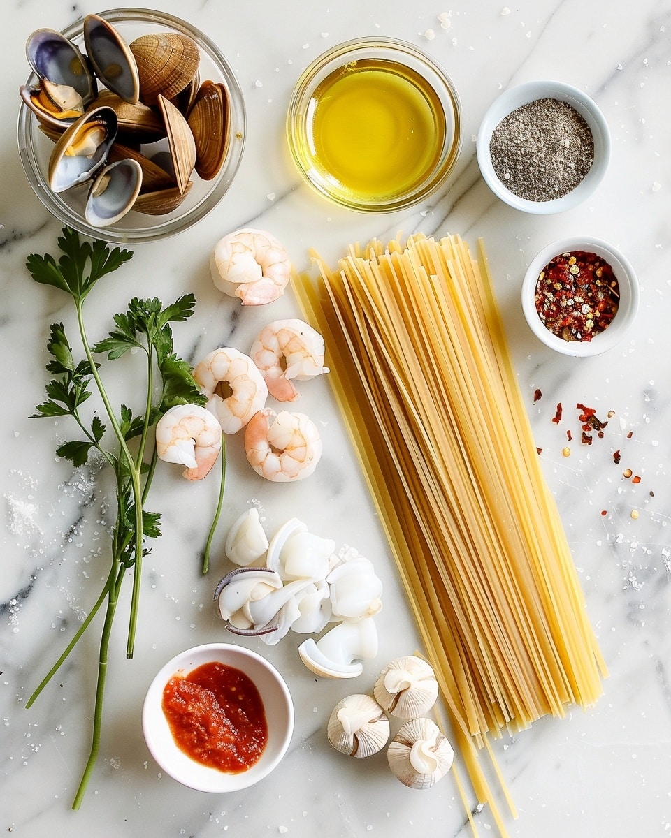 Single white plate serving of seafood linguine showcasing plump shrimp, tender mussels in their shells, calamari rings, and squid, all tossed in a rich red tomato sauce, close-up angle emphasizing the glossy pasta strands intertwined with seafood, garnished with fresh chopped parsley, placed on white marble surface with natural lighting, styled intimate plated serving photo taken with an iphone --ar 4:5 --v 7