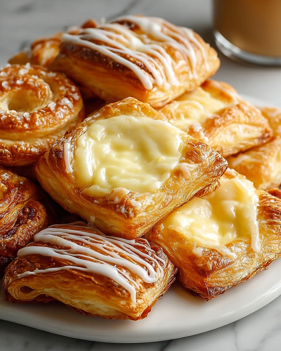 Large white platter arranged with multiple golden, flaky cheese danish pastries, each topped with creamy custard centers and delicate white icing drizzles, showing the full assortment of freshly baked pastries in a piled presentation, photographed from a 3/4 angle on a white marble countertop with natural lighting, professional food magazine hero shot photo taken with an iphone --ar 4:5 --v 7