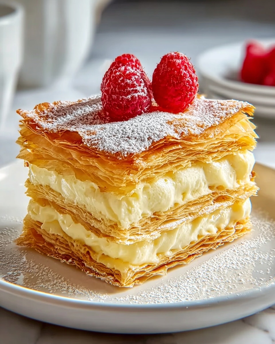 Whole square mille-feuille cake on a large white serving platter, showcasing multiple layers of golden, crispy puff pastry filled with rich, creamy custard, topped with a dusting of powdered sugar and adorned with fresh raspberries, captured from a 3/4 angle on a white marble background with natural lighting, styled as an elegant food magazine hero shot, photo taken with an iphone --ar 4:5 --v 7