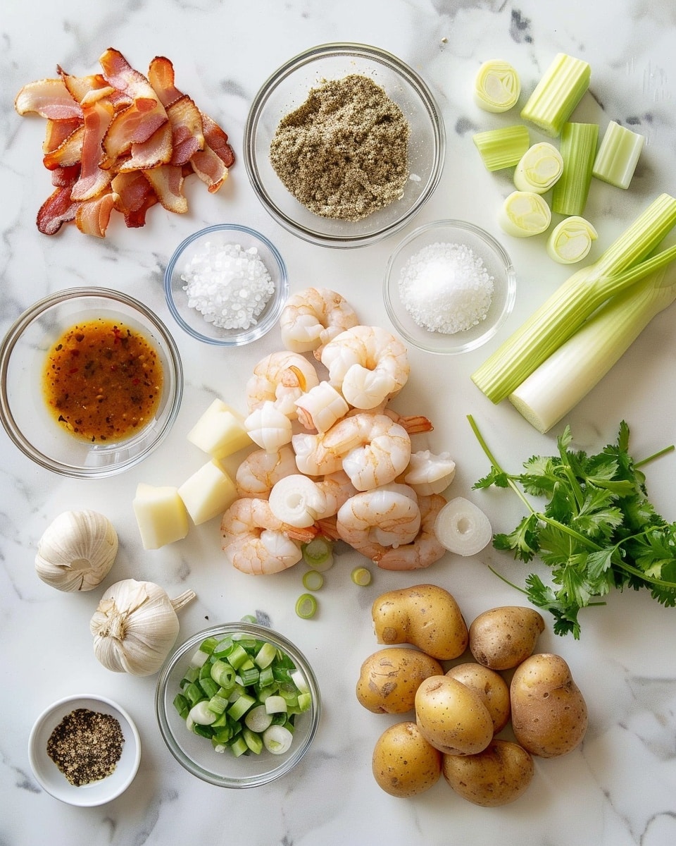 Single white bowl filled with a generous serving of creamy corn chowder featuring vibrant yellow corn kernels and tender crispy bacon pieces, topped with three perfectly seared shrimp seasoned with a reddish spice, garnished with fresh chopped green onions, close-up angled shot revealing the rich texture of the soup and juicy shrimp on a white marble background, natural lighting enhancing the warm colors, intimate plated serving photo taken with an iphone --ar 4:5 --v 7