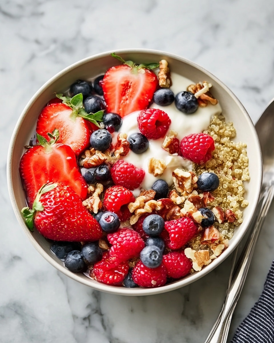 Large white serving bowl filled with a wholesome quinoa breakfast bowl, generously topped with fresh whole and sliced strawberries, plump raspberries, juicy whole blueberries, crunchy walnut pieces, and dollops of creamy yogurt, all arranged vibrantly and invitingly, whole dish photographed from a 3/4 angle on white marble countertop, natural lighting, professional food magazine style photo taken with an iphone --ar 4:5 --v 7