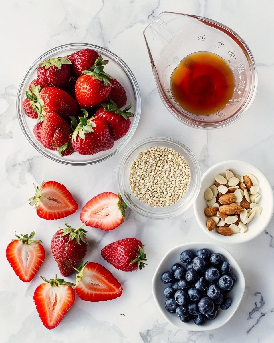 Single white bowl filled with a close-up serving of warm quinoa porridge soaked in creamy milk, topped with fresh halved strawberries, whole blueberries, and crunchy chopped pecans, showcasing the texture of fluffy quinoa grains and juicy fruit, garnished lightly with small green strawberry leaves, all placed on a white marble surface under natural lighting, intimate plated serving photo taken with an iphone --ar 4:5 --v 7