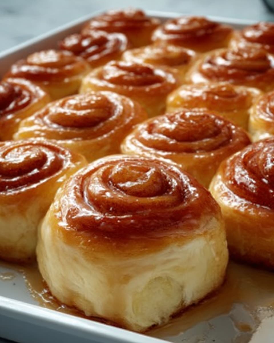 A large white ceramic baking tray filled with a full batch of glossy, golden-brown sticky buns arranged neatly in uniform rows, each bun featuring visible swirls of cinnamon and soft, shiny icing glaze coating the top, perfectly baked with a slight caramelized sheen, photographed from a 3/4 angle on a white marble countertop with natural lighting, styled as a hero shot for a premium food magazine, photo taken with an iphone --ar 4:5 --v 7