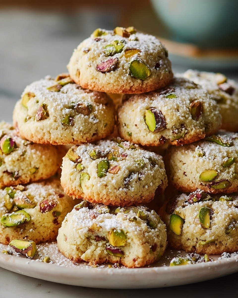 Large white ceramic platter piled high with an abundant arrangement of round pistachio cookies, each cookie generously studded with vibrant green pistachio pieces and dusted with a delicate layer of powdered sugar, capturing the rich texture and crumbly golden edges of the whole batch, all photographed from a 3/4 angle on a white marble countertop with soft natural lighting, styled as a professional food magazine hero shot, photo taken with an iphone --ar 4:5 --v 7