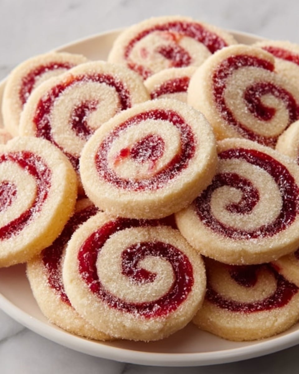 A pristine white plate filled with a full batch of spiral raspberry pinwheel cookies, each cookie perfectly round and decorated with alternating swirls of buttery dough and vibrant red raspberry jam, sprinkled lightly with granulated sugar to add a delicate sparkle on top, arranged neatly and densely to showcase the entire collection, presented on a white marble countertop with natural lighting highlighting the textures and colors, professional food magazine style hero shot, photo taken with an iphone --ar 4:5 --v 7