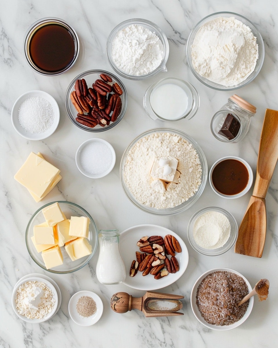 Single slice of pecan pie on a white plate, showing the thick, rich filling with whole pecans embedded on top and visible in the jammy interior layer, flaky golden crust edge visible, topped with a dollop of smooth whipped cream, photographed at a close-up angle to emphasize the glossy, textured nutty layers, set on a white marble surface with natural lighting, styled as a single plated serving from a food blog, photo taken with an iphone --ar 4:5 --v 7