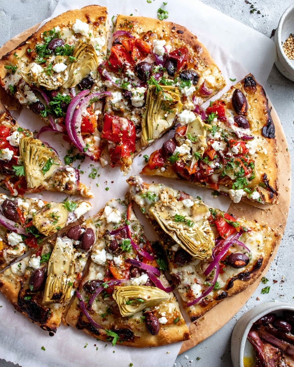 Whole uncut Mediterranean flatbread pizza on white parchment paper, topped generously with artichoke hearts, chunks of roasted red peppers, kalamata olives, red onion slices, crumbled feta cheese, fresh parsley, and melted mozzarella, all arranged on a large white marble surface with natural lighting, capturing the entire round pizza and its vibrant colors in a professional food magazine hero shot, photo taken with an iphone --ar 4:5 --v 7
