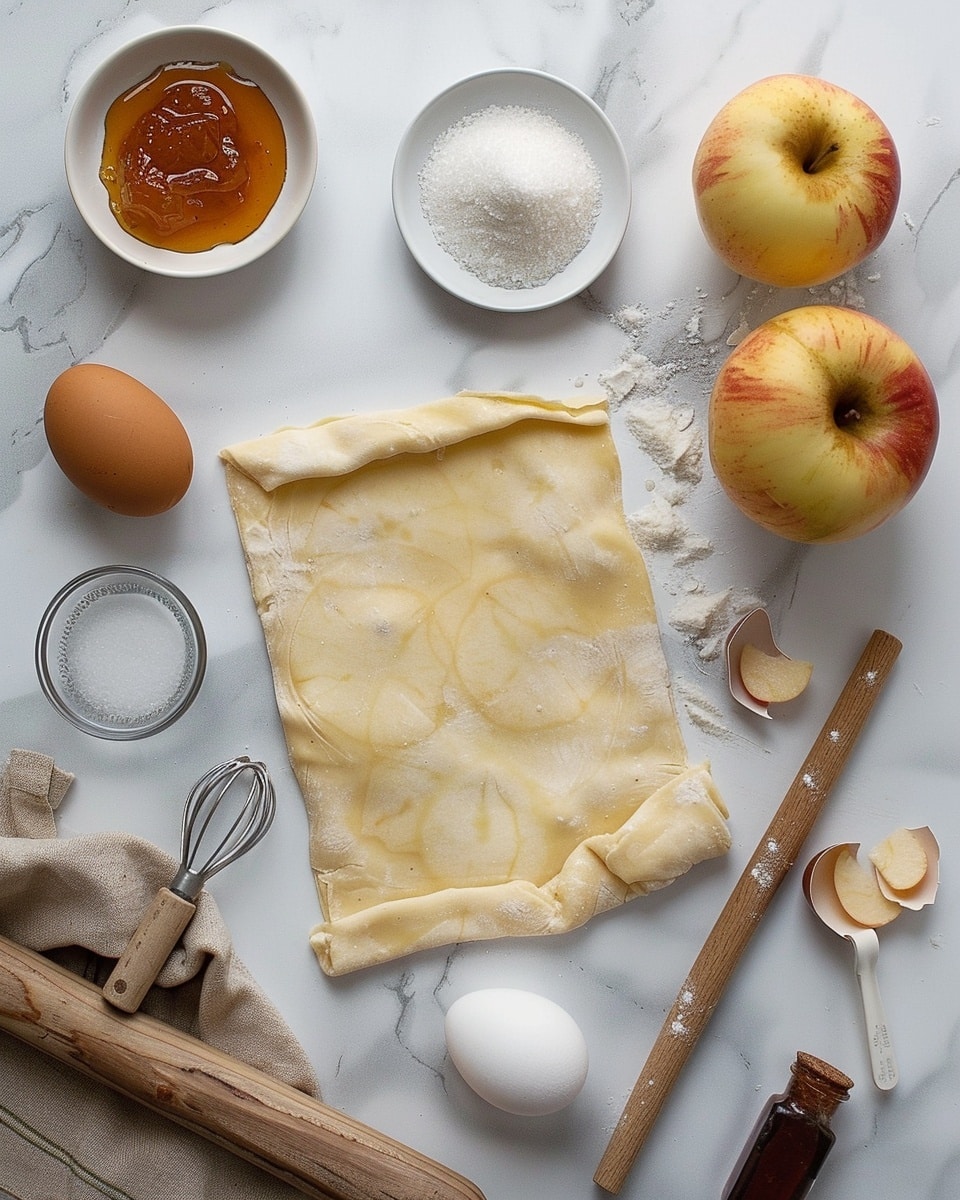 Single white plate featuring one rectangular apple tart with golden, flaky puff pastry edges, topped with thinly sliced red apple pieces arranged in a fan shape, sprinkled with cinnamon and brown sugar, a visible layer of glossy apple filling beneath the fruit, close-up angled shot emphasizing the crisp texture of the pastry and the juicy interior, set against a white marble background with soft natural light, styled as a ready-to-eat dessert from a food blog, photo taken with an iphone --ar 4:5 --v 7