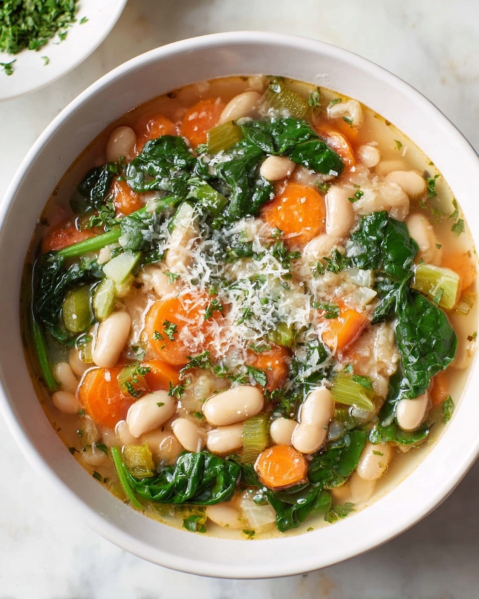 Large white serving bowl filled with a hearty vegetable and white bean soup, showcasing vibrant chunks of carrots, celery, tender spinach leaves, and creamy white beans immersed in a clear, flavorful broth, garnished with freshly chopped herbs and a sprinkle of grated cheese, presented from a 3/4 angle on a white marble surface with natural lighting, styled like a hero shot from a food magazine, photo taken with an iphone --ar 4:5 --v 7